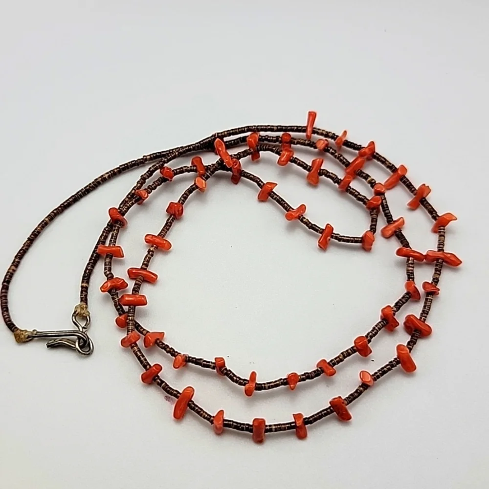 Navajo Branch Coral Heishi Beaded Sterling Silver Closure Single Strand Necklace
